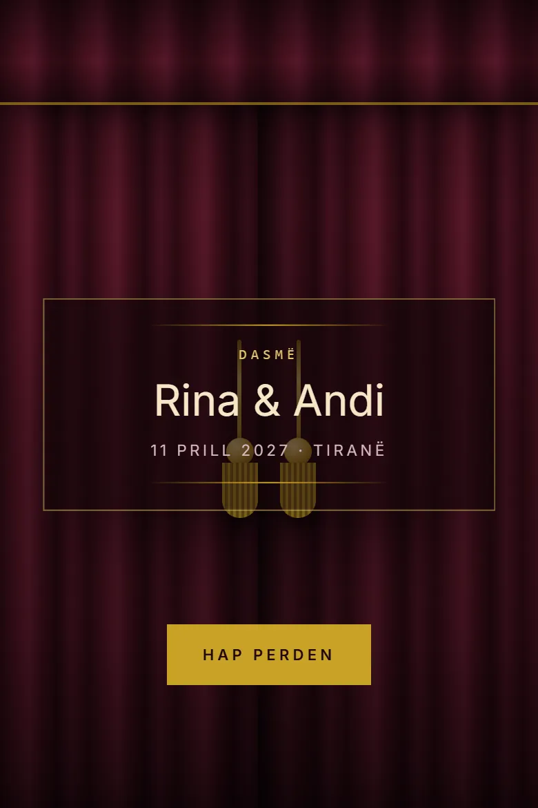 TEATRI, ftesë demo: perde kadifeje bordo dhe emrat Rina & Andi